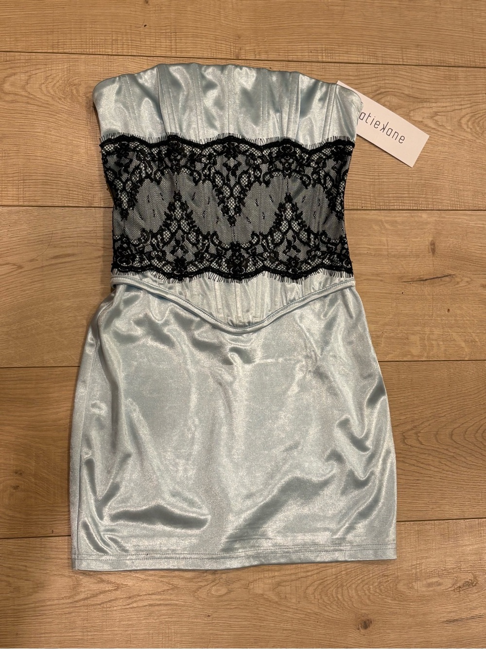 Katie K Strapless Satin Mini Dress in Light Blue with Black Lace